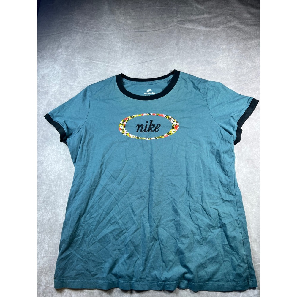 Nike T-Shirt Womens XL Teal Blue Floral Graphic Logo Ringer Short Sleeve Tee